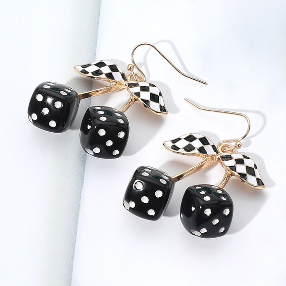 Retro Black Checkered Dice Leaf Stem Cherry Dangle Earrings Enamel Cherries - Picture 1 of 3
